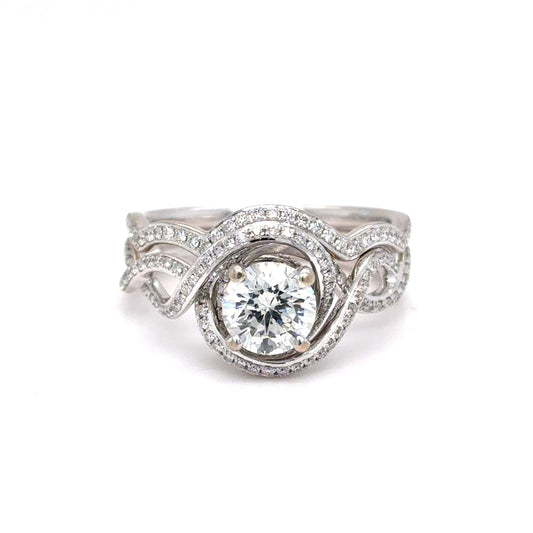 18K White Gold Simon G Diamond Halo Swirl Bridal Set Ring | Round Brilliant 1.35 TCW, F VS1-VS2, Size 6.5