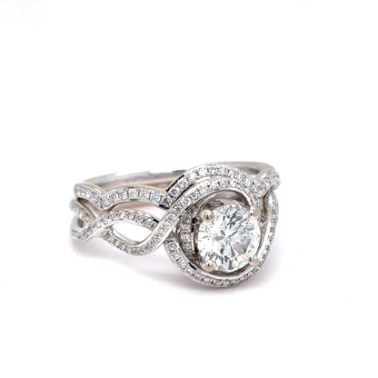 18K White Gold Simon G Diamond Halo Swirl Bridal Set Ring | Round Brilliant 1.35 TCW, F VS1-VS2, Size 6.5