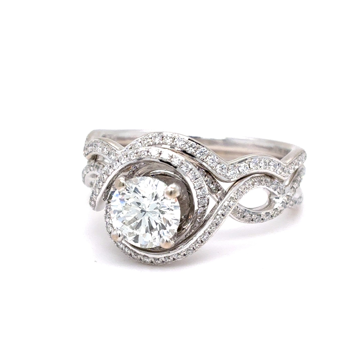 18K White Gold Simon G Diamond Halo Swirl Bridal Set Ring | Round Brilliant 1.35 TCW, F VS1-VS2, Size 6.5