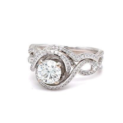 18K White Gold Simon G Diamond Halo Swirl Bridal Set Ring | Round Brilliant 1.35 TCW, F VS1-VS2, Size 6.5
