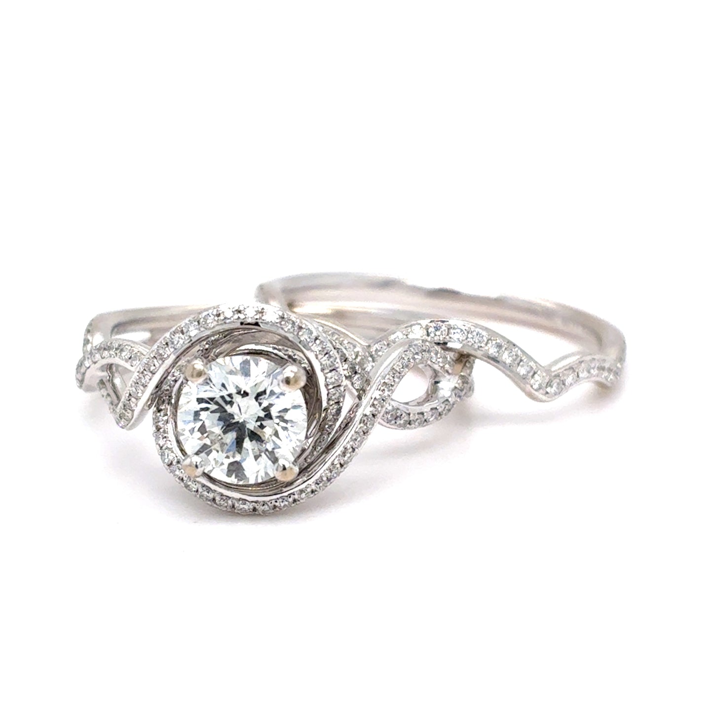 18K White Gold Simon G Diamond Halo Swirl Bridal Set Ring | Round Brilliant 1.35 TCW, F VS1-VS2, Size 6.5