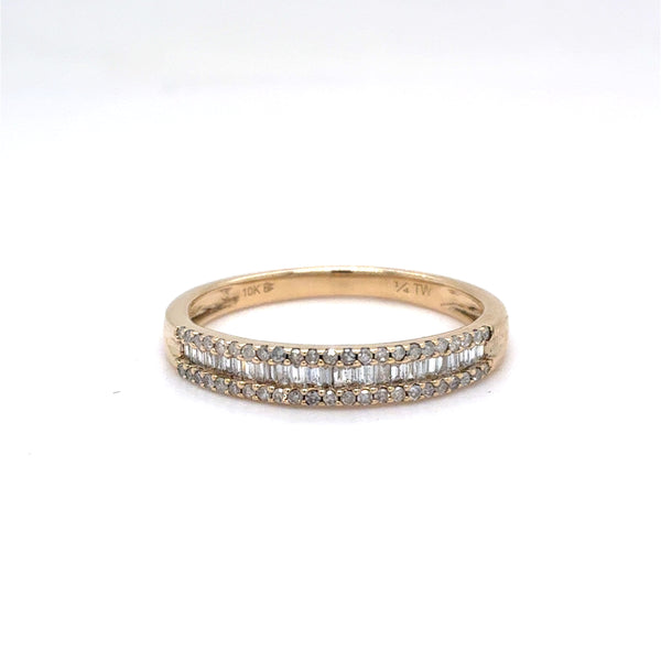 10K Yellow Gold Three-Row Diamond Band | Baguette & Single Cut 0.24 TCW, I-J I1, Size 7
