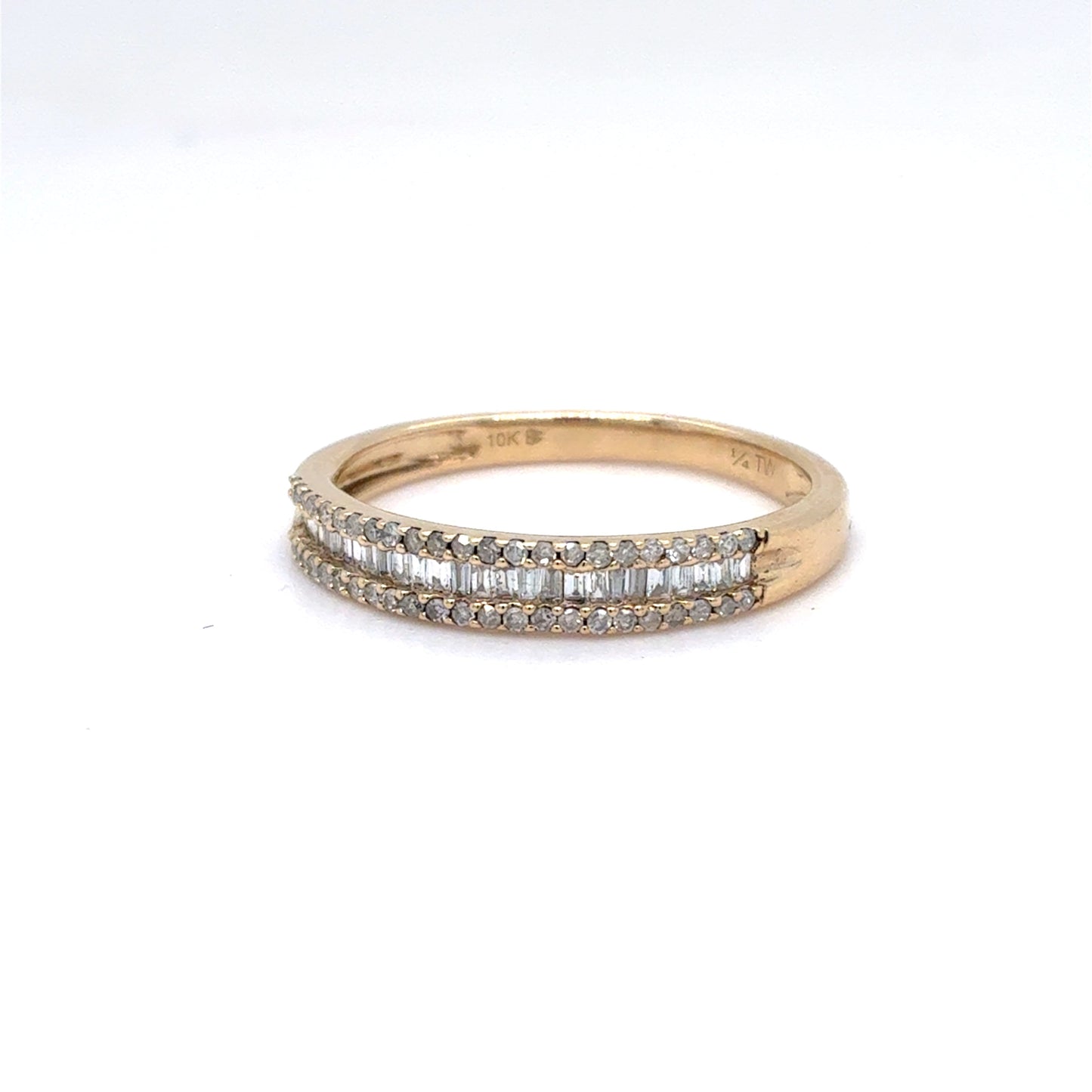 10K Yellow Gold Three-Row Diamond Band | Baguette & Single Cut 0.24 TCW, I-J I1, Size 7