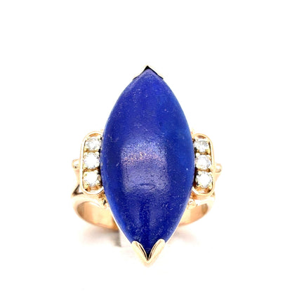 14K Yellow Gold Natural Lapis Lazuli & Diamond Fashion Ring | Marquise Cabochon 6.89ct, Round Brilliant 0.18 TCW, H SI1, Size 7