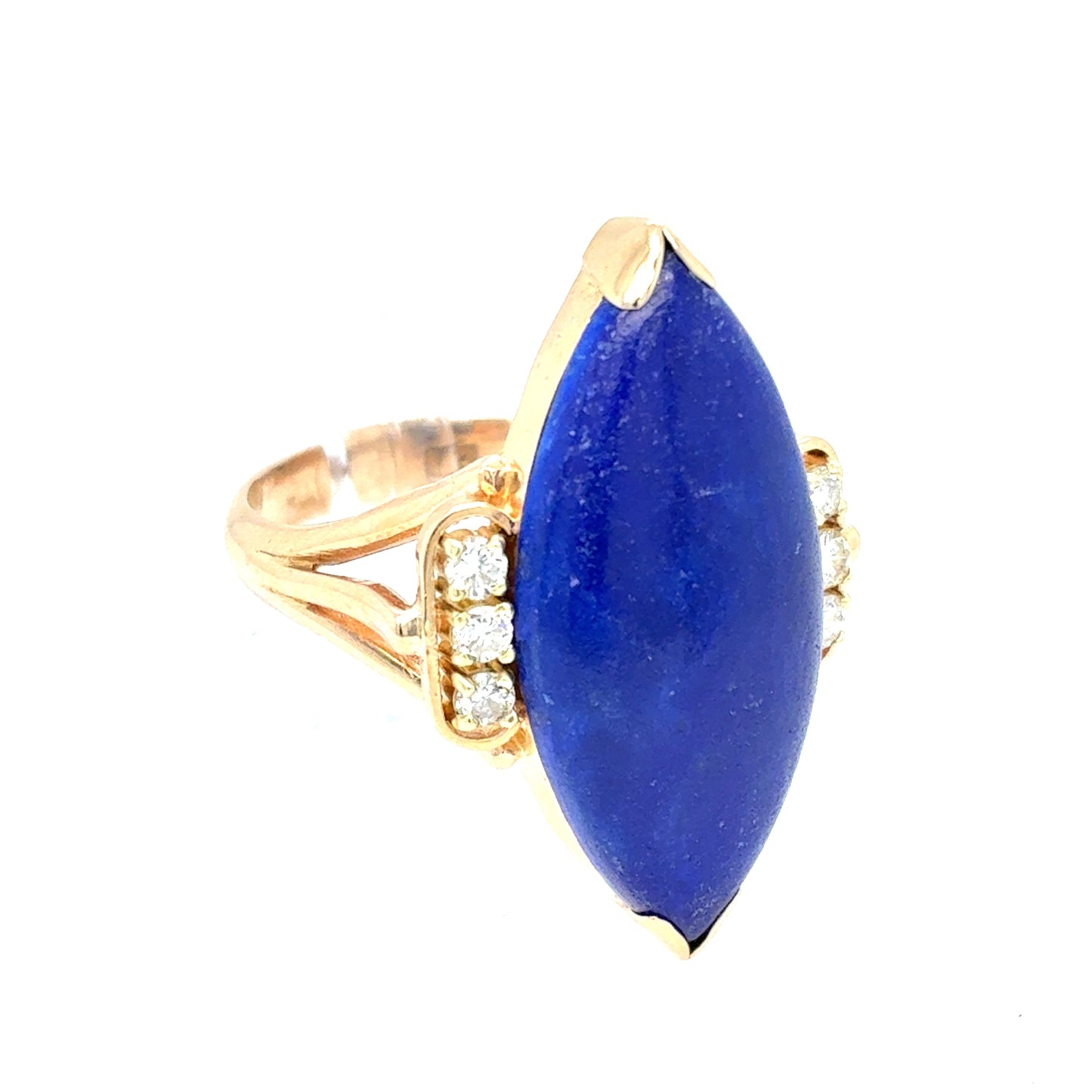 14K Yellow Gold Natural Lapis Lazuli & Diamond Fashion Ring | Marquise Cabochon 6.89ct, Round Brilliant 0.18 TCW, H SI1, Size 7