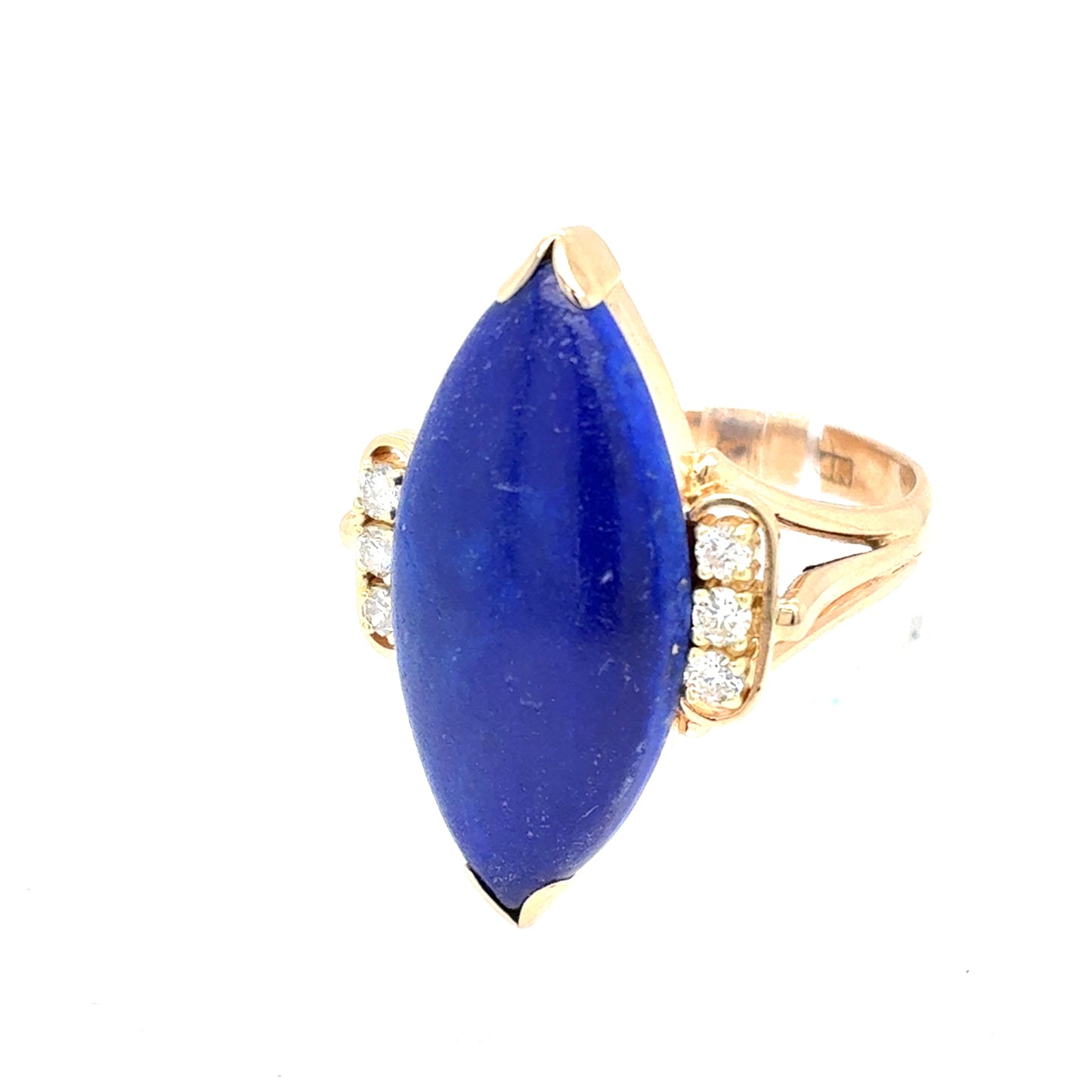14K Yellow Gold Natural Lapis Lazuli & Diamond Fashion Ring | Marquise Cabochon 6.89ct, Round Brilliant 0.18 TCW, H SI1, Size 7