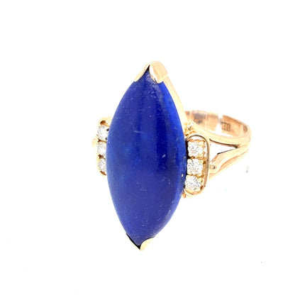 14K Yellow Gold Natural Lapis Lazuli & Diamond Fashion Ring | Marquise Cabochon 6.89ct, Round Brilliant 0.18 TCW, H SI1, Size 7