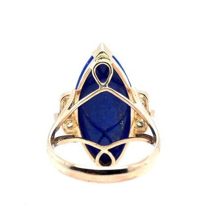 14K Yellow Gold Natural Lapis Lazuli & Diamond Fashion Ring | Marquise Cabochon 6.89ct, Round Brilliant 0.18 TCW, H SI1, Size 7