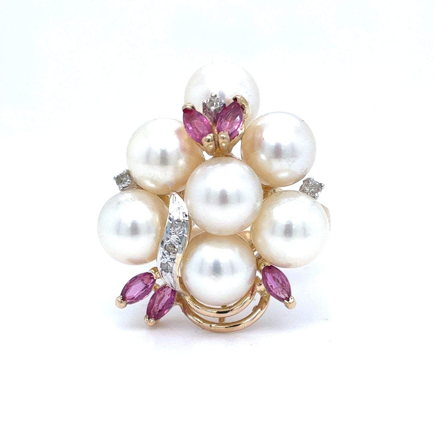 14K Yellow Gold Pearl & Pink Sapphire Diamond Cluster Ring | Akoya Pearl, Marquise Sapphire 0.36 CTW, Round Diamond 0.04 CTW, K I1, Size 7.5