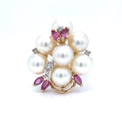 14K Yellow Gold Pearl & Pink Sapphire Diamond Cluster Ring | Akoya Pearl, Marquise Sapphire 0.36 CTW, Round Diamond 0.04 CTW, K I1, Size 7.5