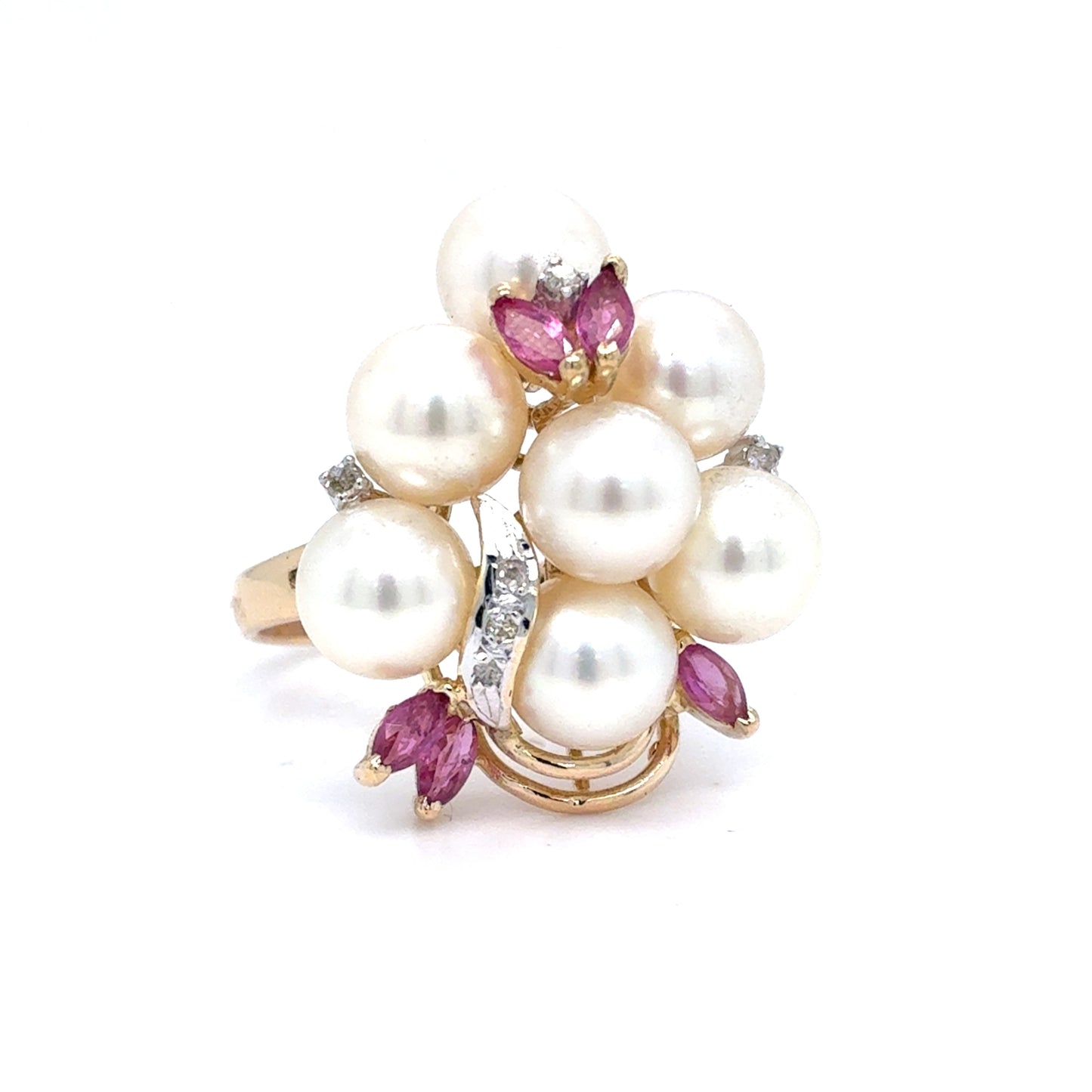14K Yellow Gold Pearl & Pink Sapphire Diamond Cluster Ring | Akoya Pearl, Marquise Sapphire 0.36 CTW, Round Diamond 0.04 CTW, K I1, Size 7.5