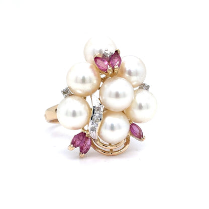 14K Yellow Gold Pearl & Pink Sapphire Diamond Cluster Ring | Akoya Pearl, Marquise Sapphire 0.36 CTW, Round Diamond 0.04 CTW, K I1, Size 7.5