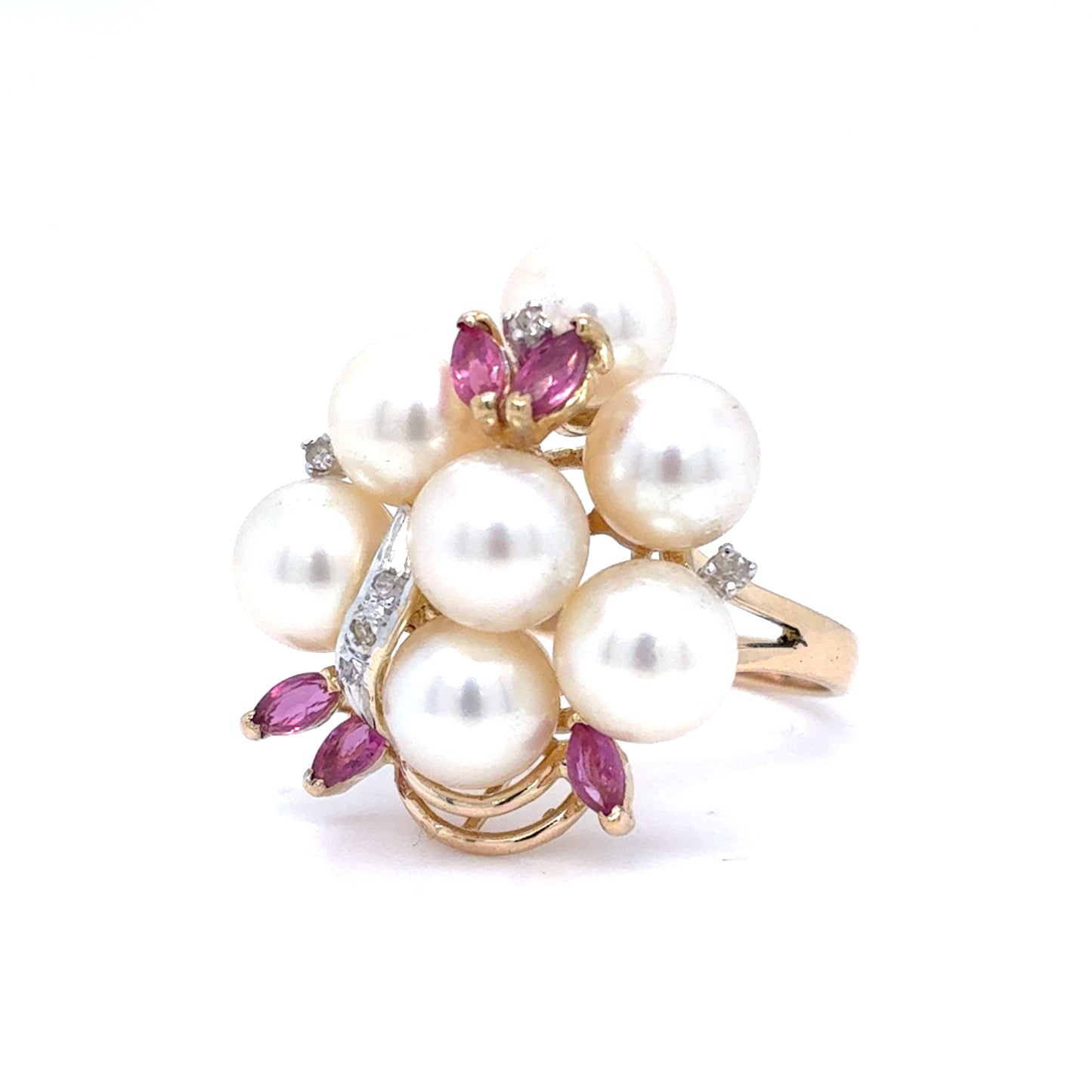 14K Yellow Gold Pearl & Pink Sapphire Diamond Cluster Ring | Akoya Pearl, Marquise Sapphire 0.36 CTW, Round Diamond 0.04 CTW, K I1, Size 7.5