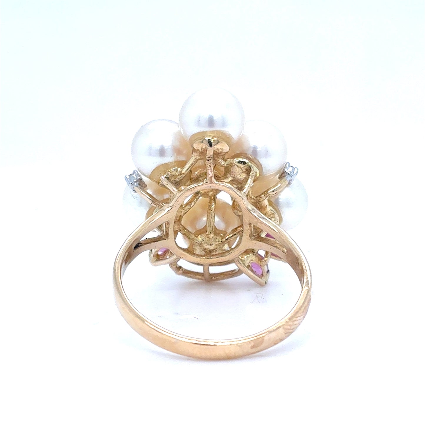 14K Yellow Gold Pearl & Pink Sapphire Diamond Cluster Ring | Akoya Pearl, Marquise Sapphire 0.36 CTW, Round Diamond 0.04 CTW, K I1, Size 7.5