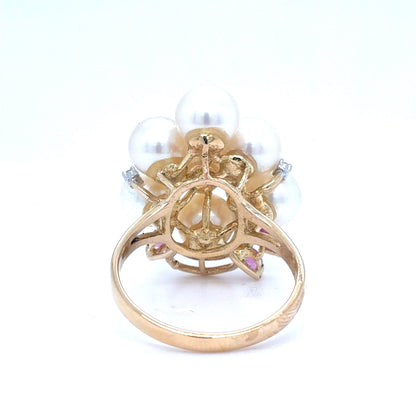 14K Yellow Gold Pearl & Pink Sapphire Diamond Cluster Ring | Akoya Pearl, Marquise Sapphire 0.36 CTW, Round Diamond 0.04 CTW, K I1, Size 7.5