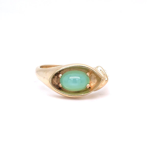 10K Yellow Gold Vintage Light Green Cabochon Ring | Synthetic Star Sapphire 0.88 CT, Size 6