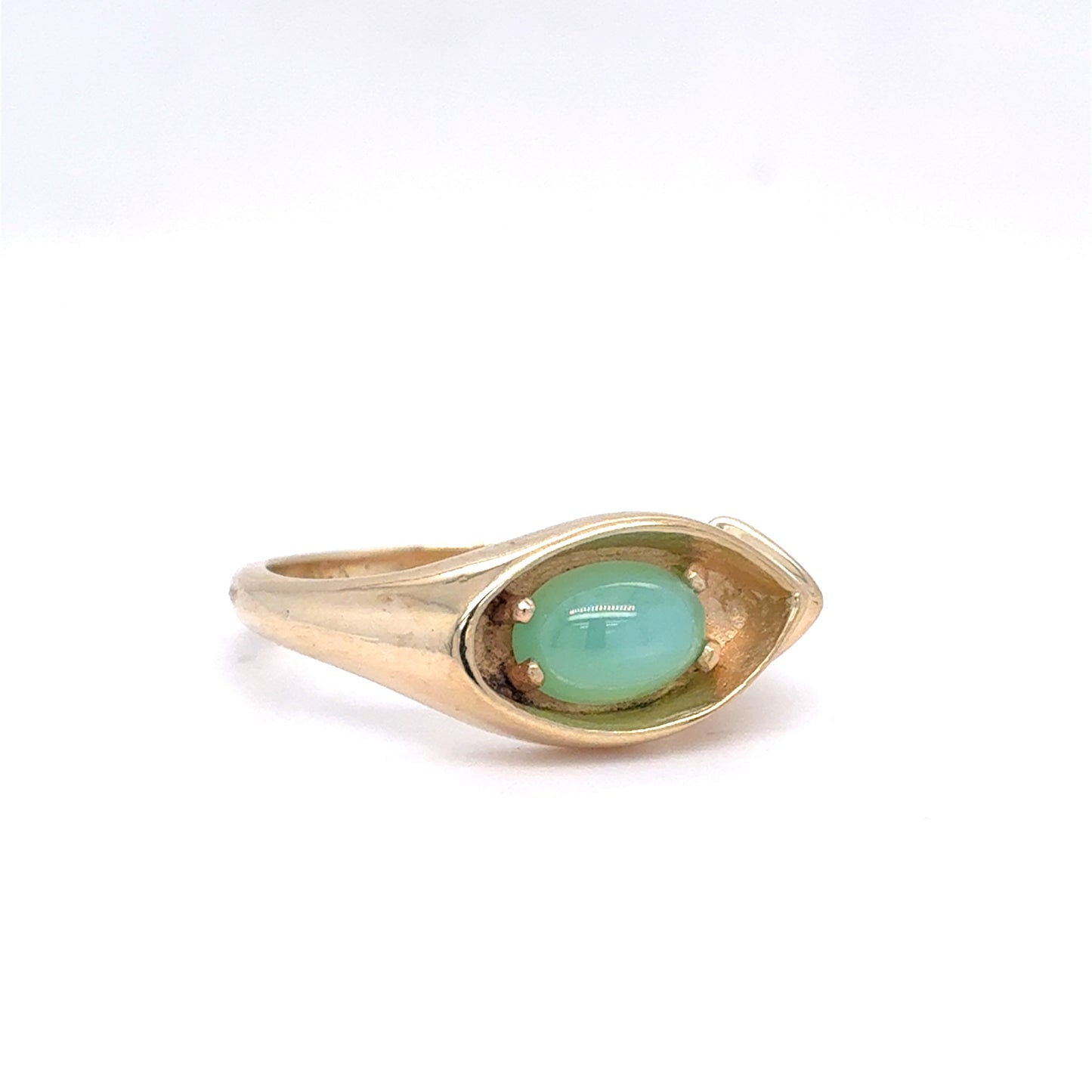 10K Yellow Gold Vintage Light Green Cabochon Ring | Synthetic Star Sapphire 0.88 CT, Size 6