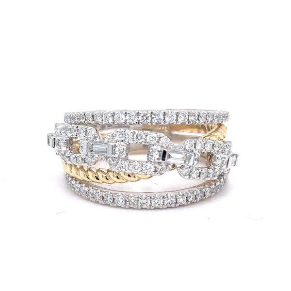 14K Two-Tone Gold Natural Diamond Multi-Row Fashion Ring | Round Brilliant & Baguette 0.67 TCW, G VS1, Size 7