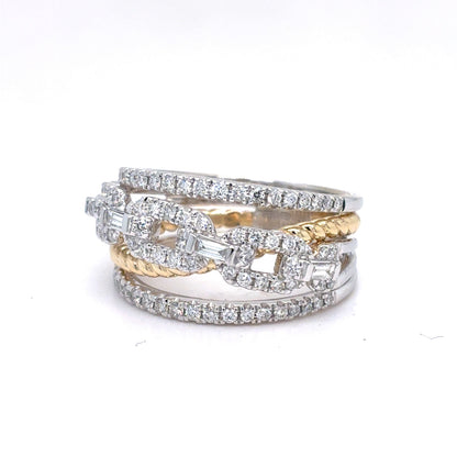 14K Two-Tone Gold Natural Diamond Multi-Row Fashion Ring | Round Brilliant & Baguette 0.67 TCW, G VS1, Size 7