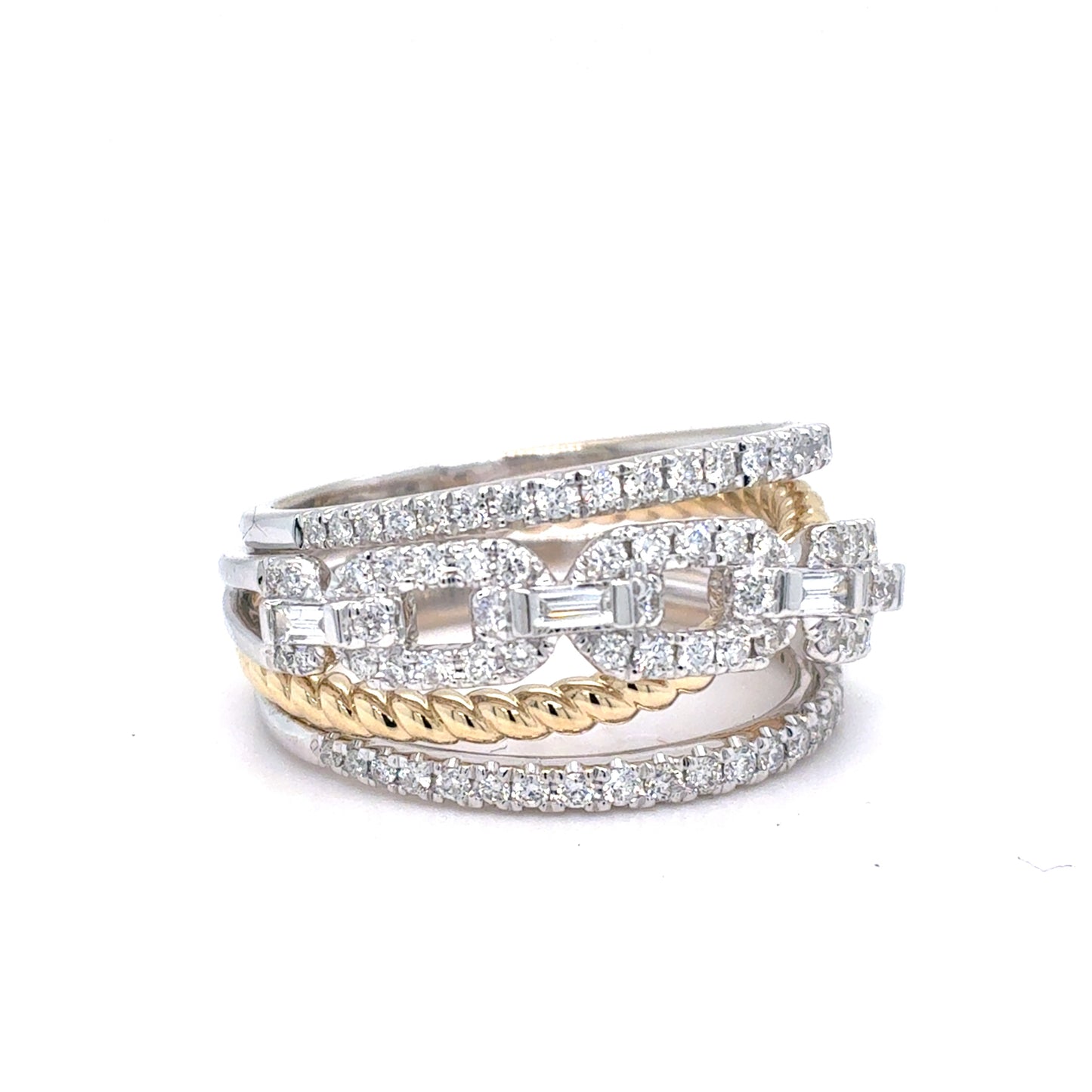 14K Two-Tone Gold Natural Diamond Multi-Row Fashion Ring | Round Brilliant & Baguette 0.67 TCW, G VS1, Size 7