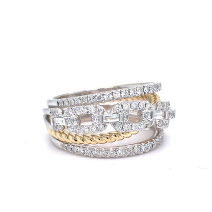 14K Two-Tone Gold Natural Diamond Multi-Row Fashion Ring | Round Brilliant & Baguette 0.67 TCW, G VS1, Size 7