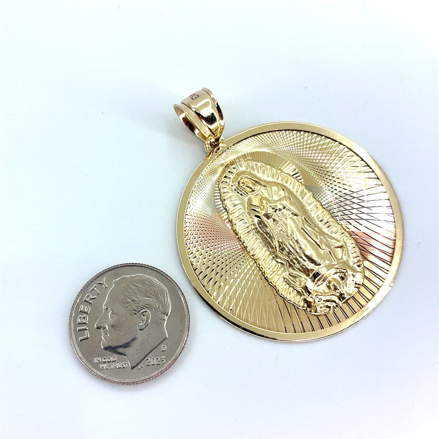 14K Tri-Color Gold Large Round Virgin Mary Pendant | 4.80 grams