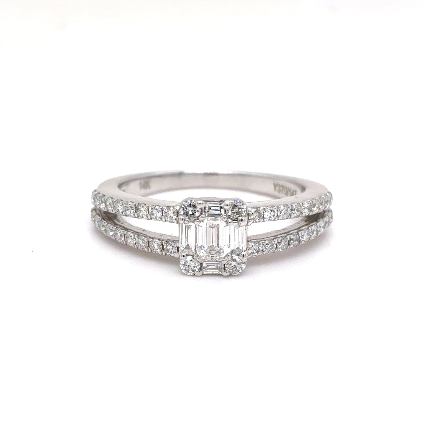 14K White Gold Natural Diamond Composite Split Shank Ring | Emerald, Baguette & Round 0.63 TCW, F-G VVS2-SI1, Size 6.5