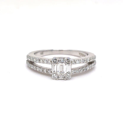 14K White Gold Natural Diamond Composite Split Shank Ring | Emerald, Baguette & Round 0.63 TCW, F-G VVS2-SI1, Size 6.5