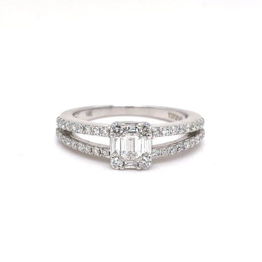 14K White Gold Natural Diamond Composite Split Shank Ring | Emerald, Baguette & Round 0.63 TCW, F-G VVS2-SI1, Size 6.5