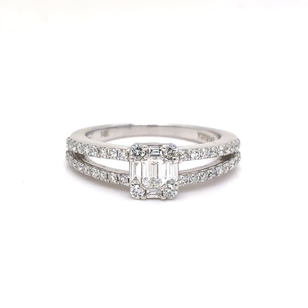 14K White Gold Natural Diamond Composite Split Shank Ring | Emerald, Baguette & Round 0.63 TCW, F-G VVS2-SI1, Size 6.5