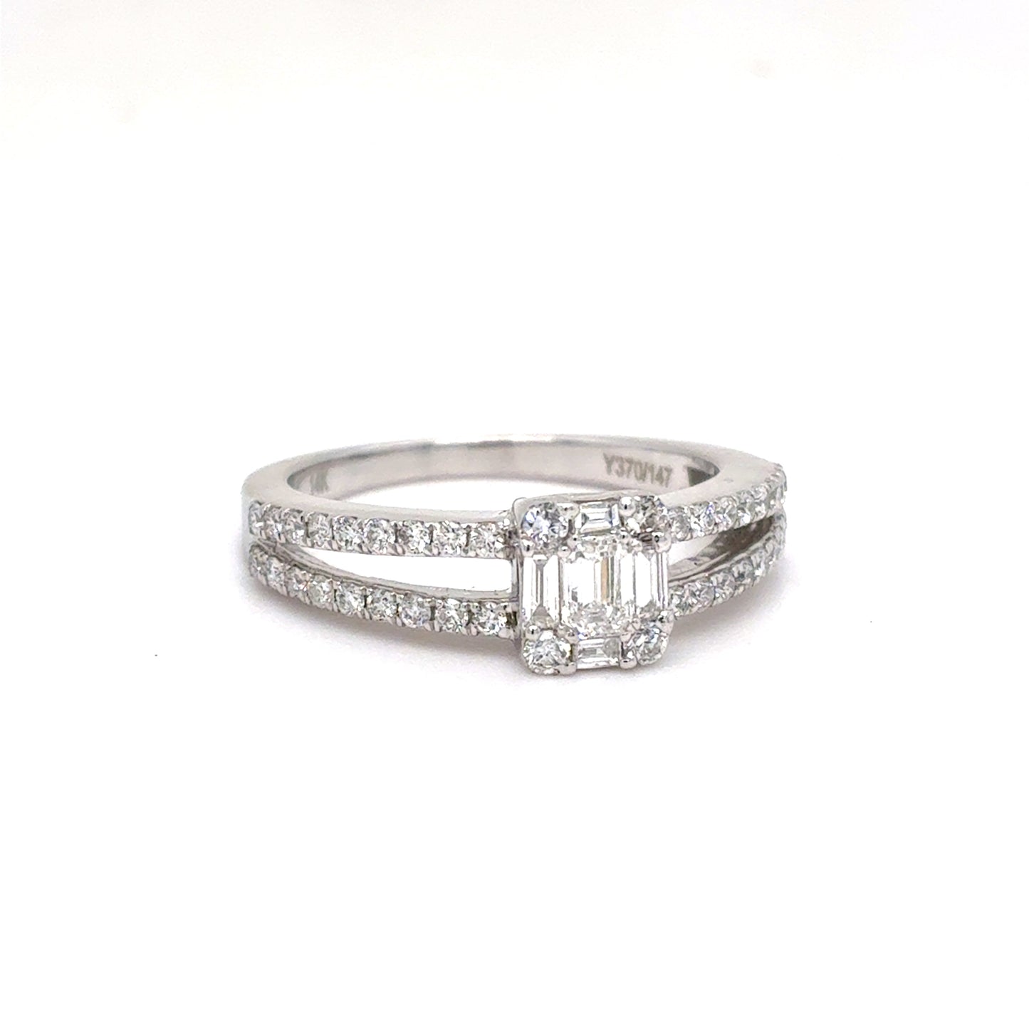 14K White Gold Natural Diamond Composite Split Shank Ring | Emerald, Baguette & Round 0.63 TCW, F-G VVS2-SI1, Size 6.5