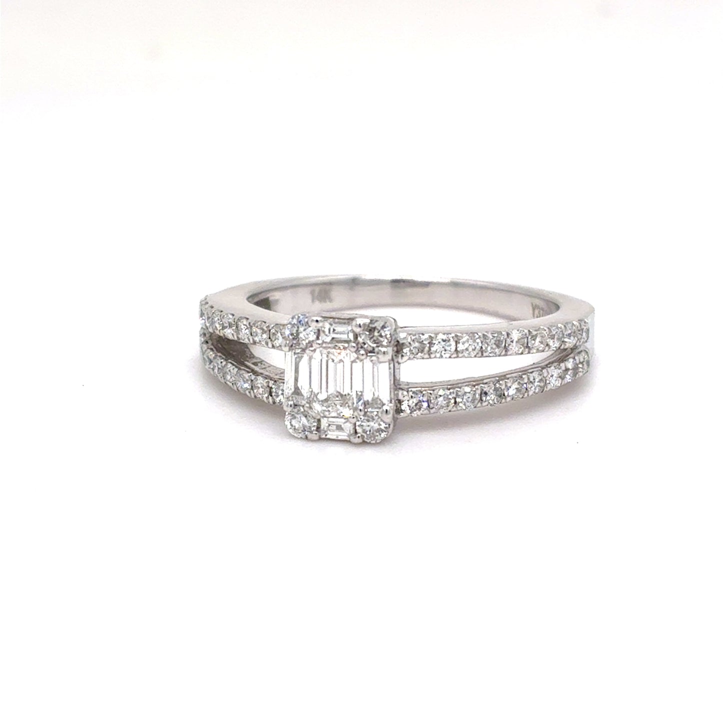 14K White Gold Natural Diamond Composite Split Shank Ring | Emerald, Baguette & Round 0.63 TCW, F-G VVS2-SI1, Size 6.5
