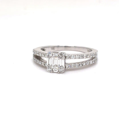 14K White Gold Natural Diamond Composite Split Shank Ring | Emerald, Baguette & Round 0.63 TCW, F-G VVS2-SI1, Size 6.5