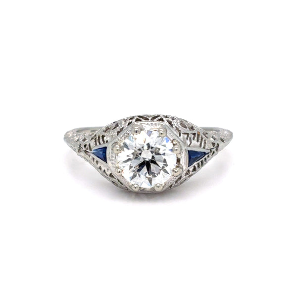 18K White Gold Art Deco Lab Grown Diamond & Sapphire Ring | Round Brilliant 1.03 CT, D VS1, Tapered Baguette Sapphires, Size 7.75