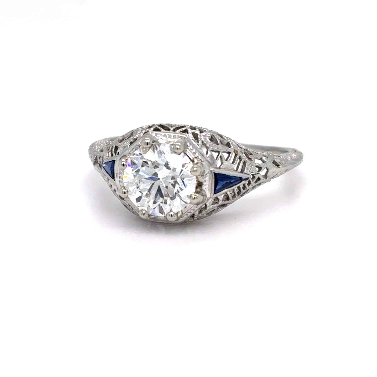 18K White Gold Art Deco Lab Grown Diamond & Sapphire Ring | Round Brilliant 1.03 CT, D VS1, Tapered Baguette Sapphires, Size 7.75