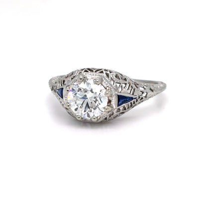 18K White Gold Art Deco Lab Grown Diamond & Sapphire Ring | Round Brilliant 1.03 CT, D VS1, Tapered Baguette Sapphires, Size 7.75