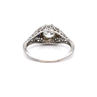 18K White Gold Art Deco Lab Grown Diamond & Sapphire Ring | Round Brilliant 1.03 CT, D VS1, Tapered Baguette Sapphires, Size 7.75
