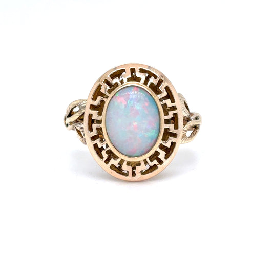 14K Yellow Gold Natural Opal Greek Key Ring | Oval Cabochon 1.19 CT, Size 7