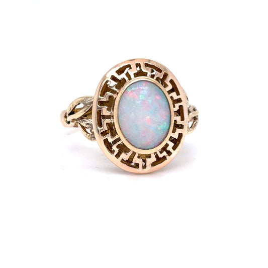 14K Yellow Gold Natural Opal Greek Key Ring | Oval Cabochon 1.19 CT, Size 7