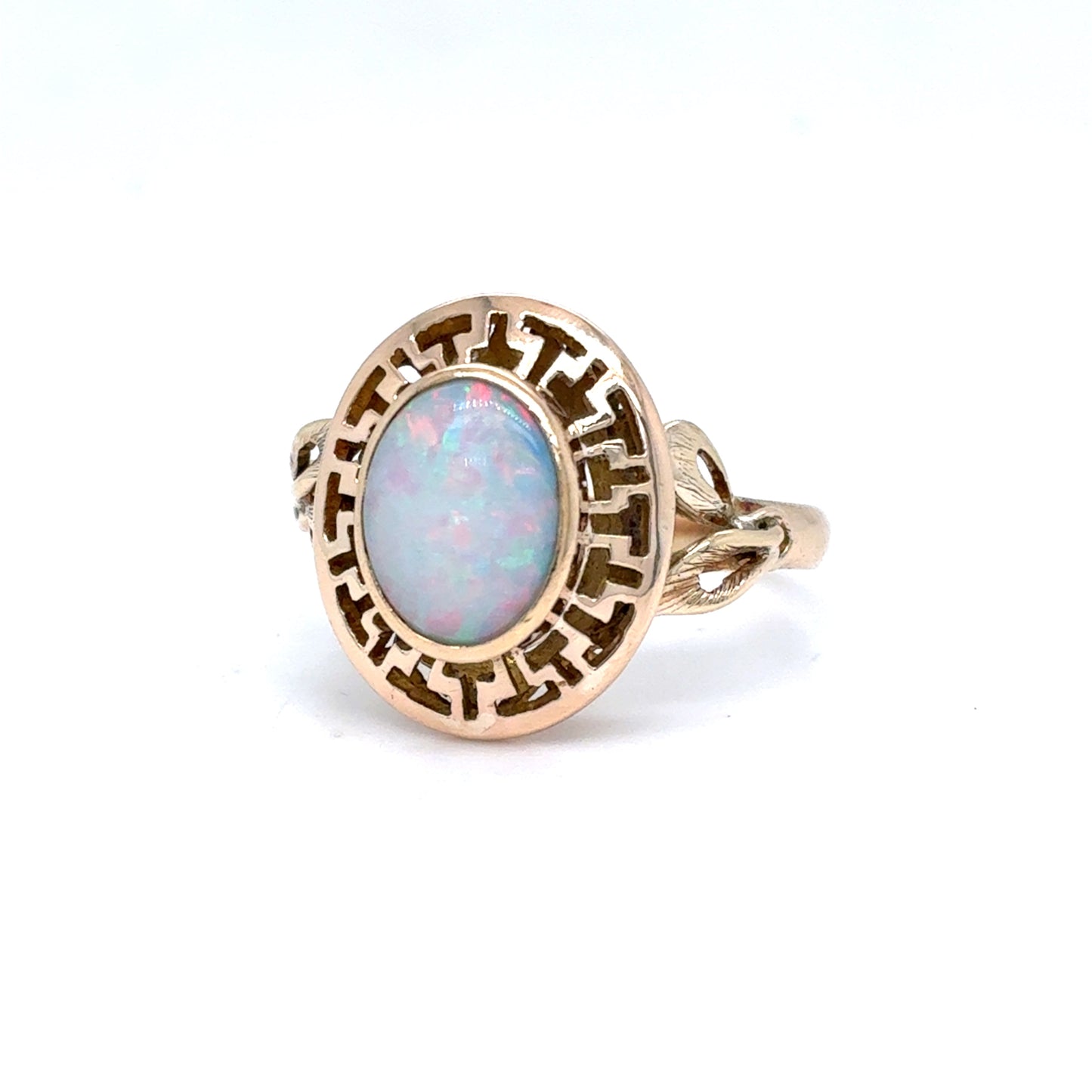 14K Yellow Gold Natural Opal Greek Key Ring | Oval Cabochon 1.19 CT, Size 7