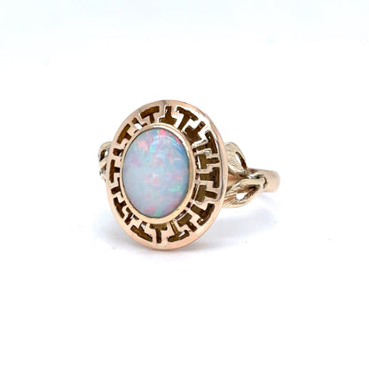 14K Yellow Gold Natural Opal Greek Key Ring | Oval Cabochon 1.19 CT, Size 7