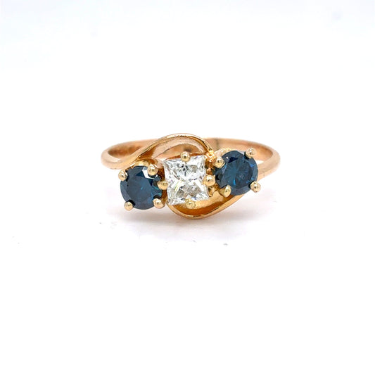14K Yellow Gold Three-Stone Bypass Diamond Ring | Princess & Round Brilliant 1.04 TCW, I SI2, Size 7