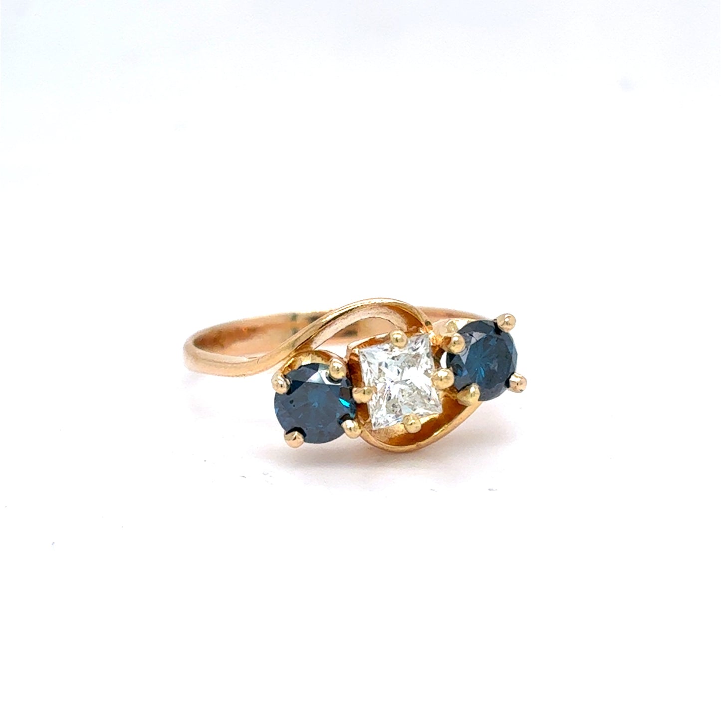 14K Yellow Gold Three-Stone Bypass Diamond Ring | Princess & Round Brilliant 1.04 TCW, I SI2, Size 7