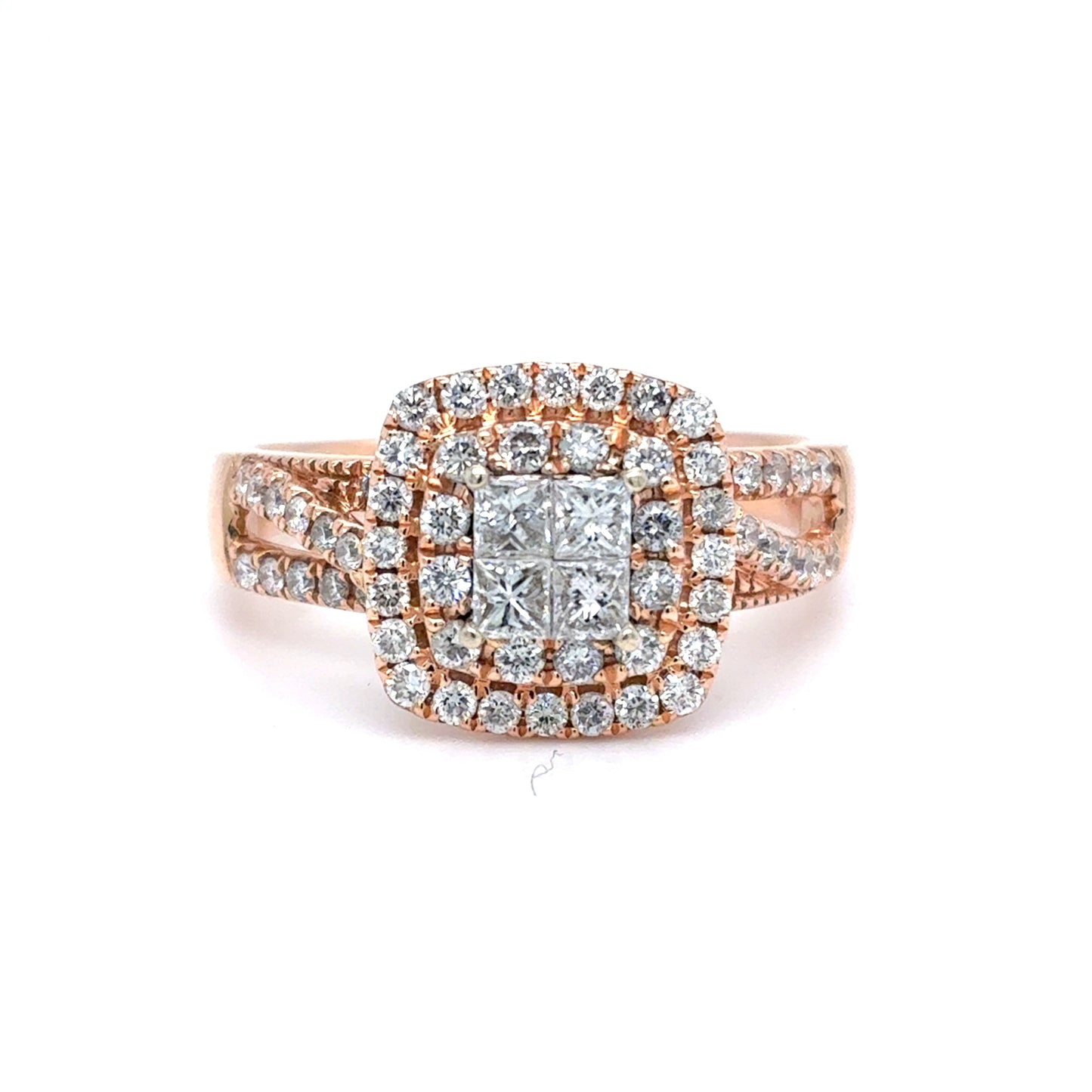 14K Rose Gold Natural Diamond Cluster Halo Ring | Princess & Round 0.91 TCW, H-I SI1-I1, Size 9