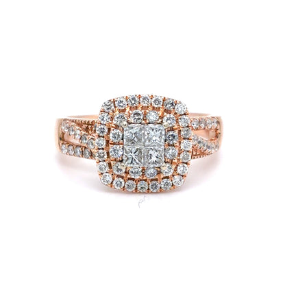 14K Rose Gold Natural Diamond Cluster Halo Ring | Princess & Round 0.91 TCW, H-I SI1-I1, Size 9