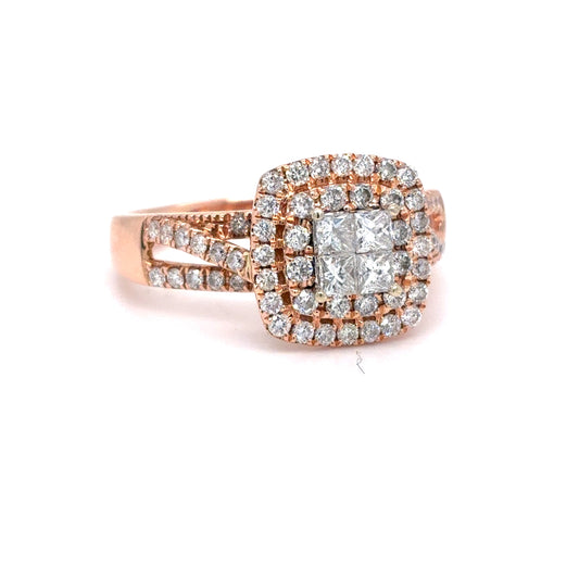 14K Rose Gold Natural Diamond Cluster Halo Ring | Princess & Round 0.91 TCW, H-I SI1-I1, Size 9
