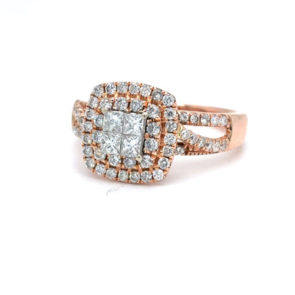 14K Rose Gold Natural Diamond Cluster Halo Ring | Princess & Round 0.91 TCW, H-I SI1-I1, Size 9
