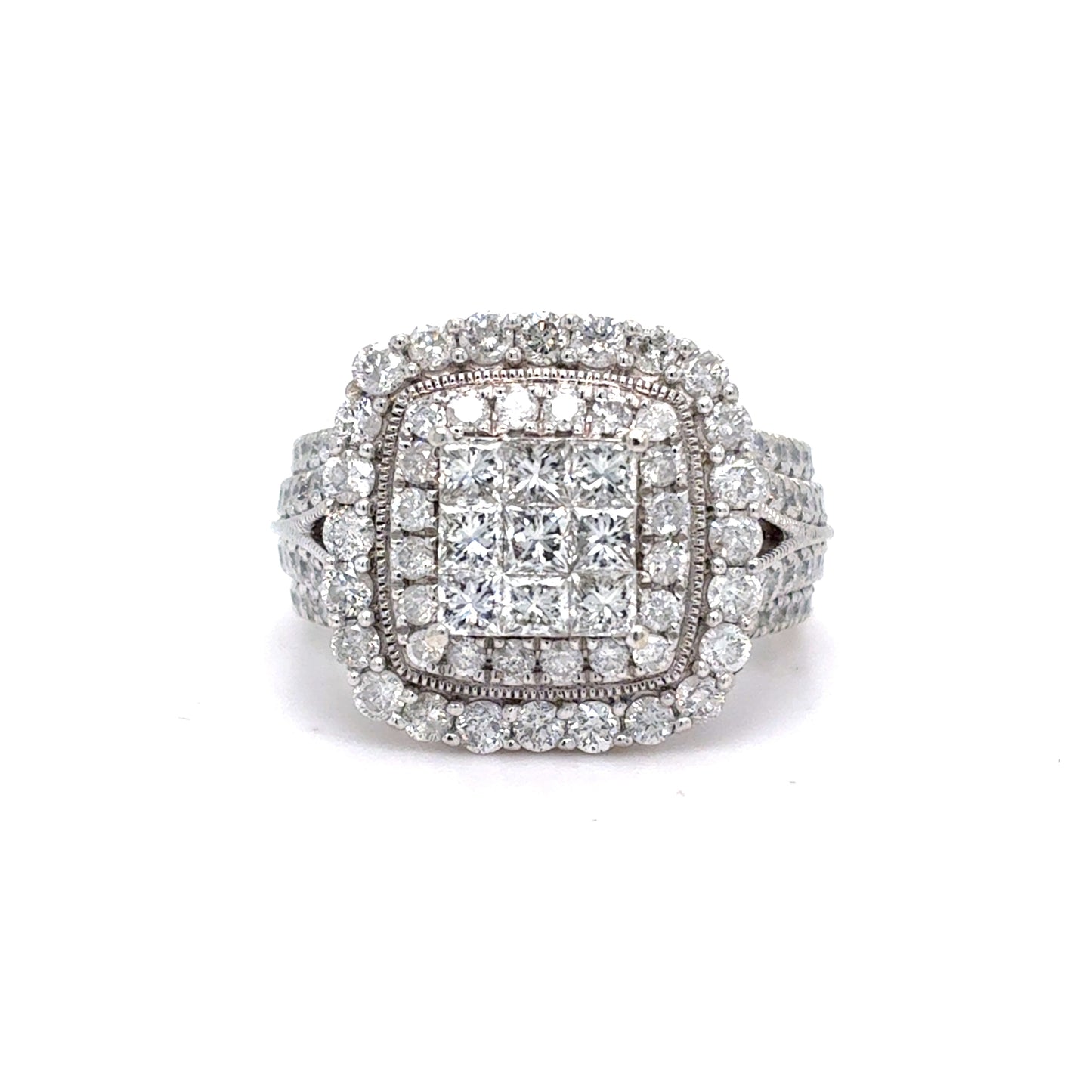 10K White Gold Natural Diamond Cluster Halo Ring | Princess & Round 1.97 TCW, H-I SI1-I1, Size 6