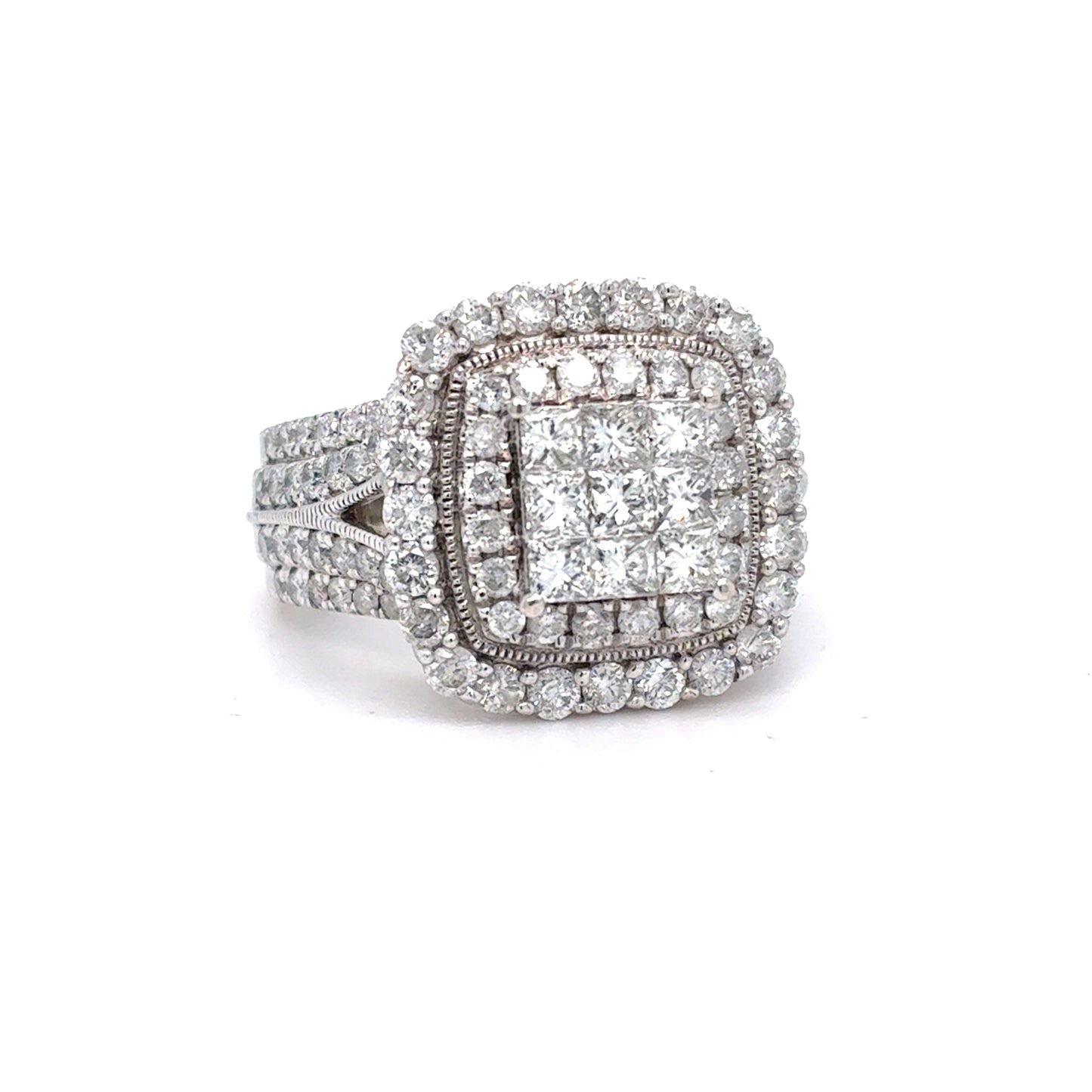 10K White Gold Natural Diamond Cluster Halo Ring | Princess & Round 1.97 TCW, H-I SI1-I1, Size 6