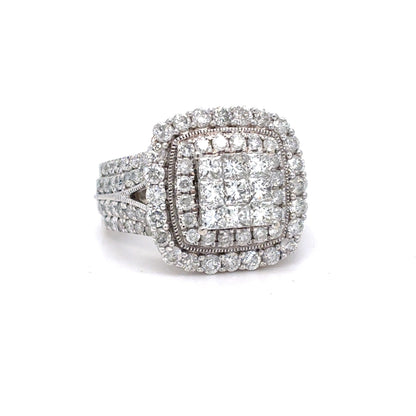 10K White Gold Natural Diamond Cluster Halo Ring | Princess & Round 1.97 TCW, H-I SI1-I1, Size 6